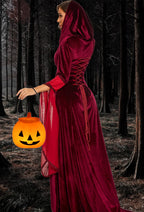 BITSEACOCO Deluxe Witch Dress Costume for Women, Vintage Embroidered Renaissance Victorian Gothic Hooded Vampire Gown Dress Cosplay (Red, XL)