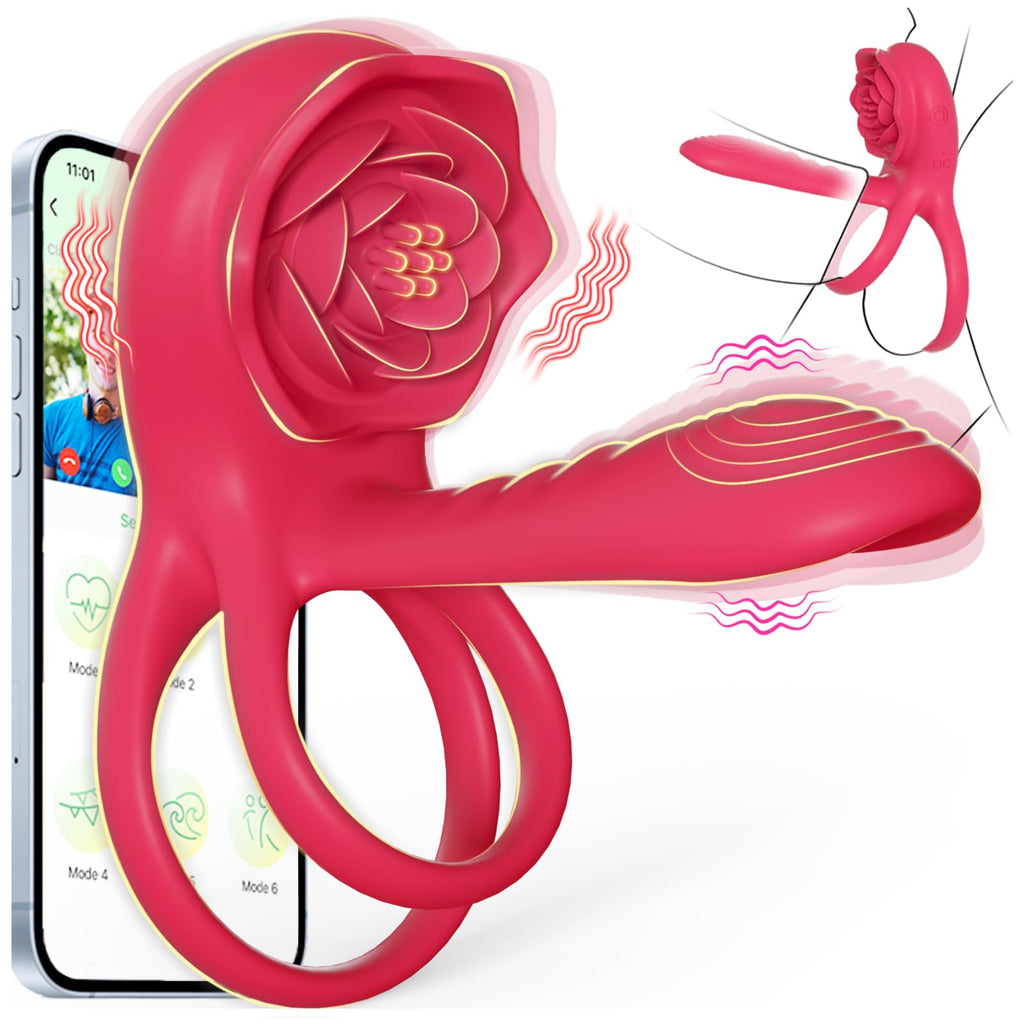 Vibrating Cock Ring Penis Sleeve with Rose Clitoral Stimulator, Penis Ring Vibrator Couples Adult Sex Toys for Men Women, Male Female Couple Sex Toy with G Spot Clitoris Vibrator