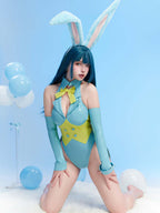 Mobbunny Women's Bunny Costume Easter Bunny Girl Bodysuit Rabbit One-Piece Jumpsuit Lingerie Set with Headband (Blue, small)
