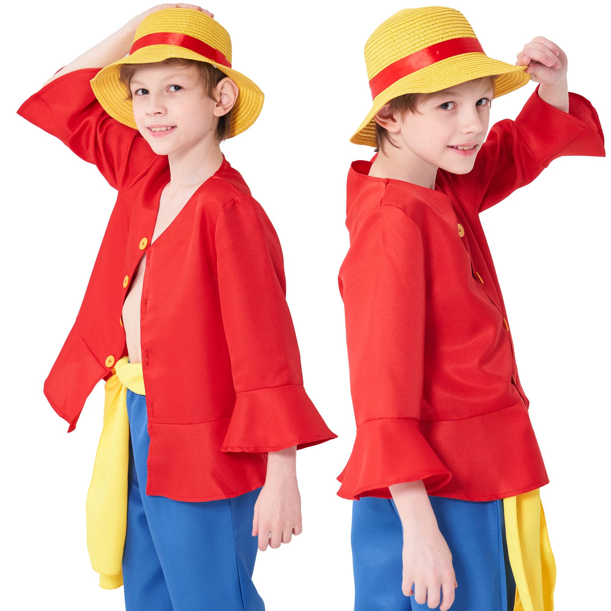 XUAURDT Kids Pirate Costume Red Suits Top Pants Boys Pirate Outfits Halloween Anime Props Straw Hat Dress Up Shirt Shorts Costume (Red, Tag 130)