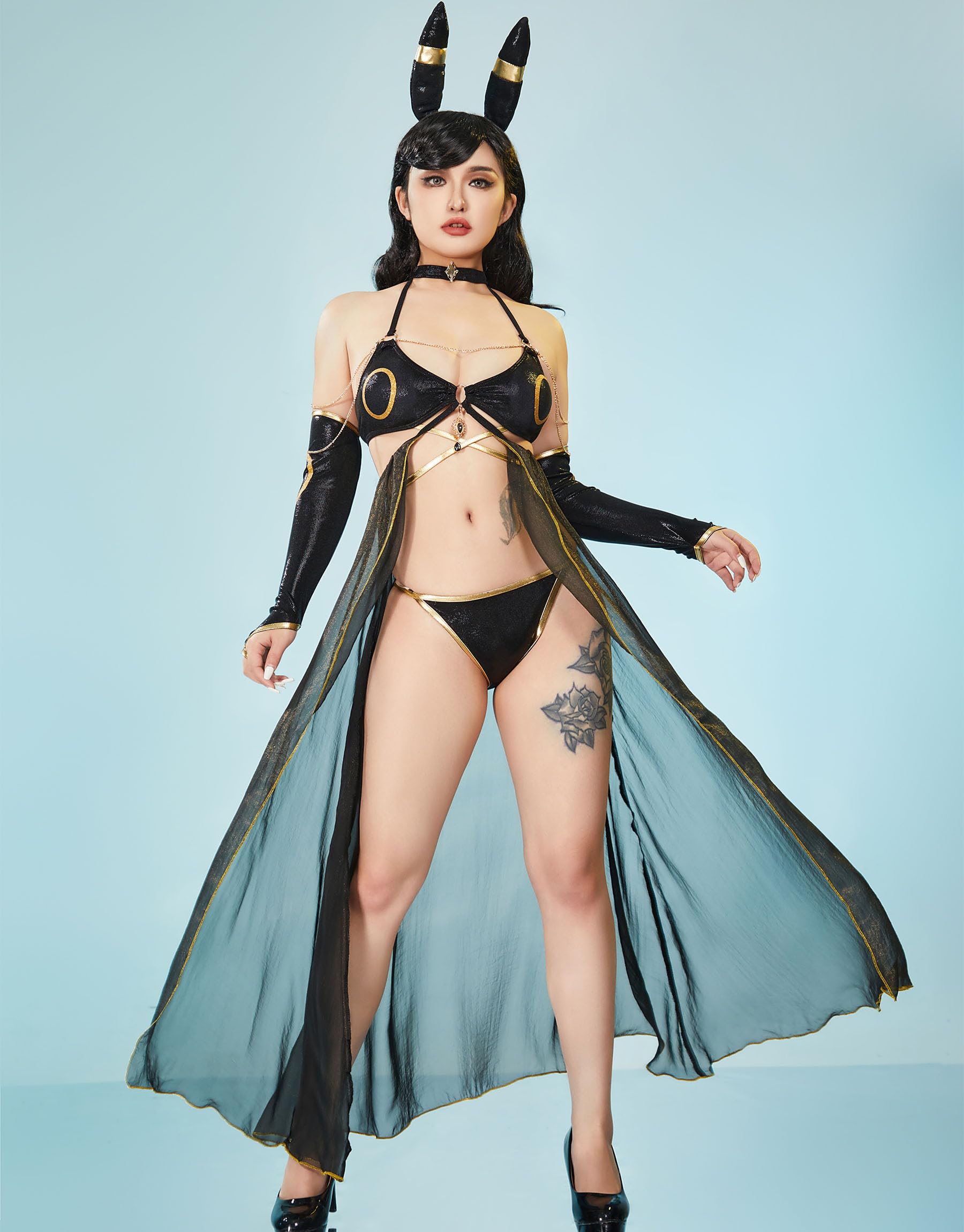 haikyuu Women Cosplay Bikini Set with Cover up Headband Anime Swimsuit Halter Lace Up Swimwear Rave Bathing Suit Black