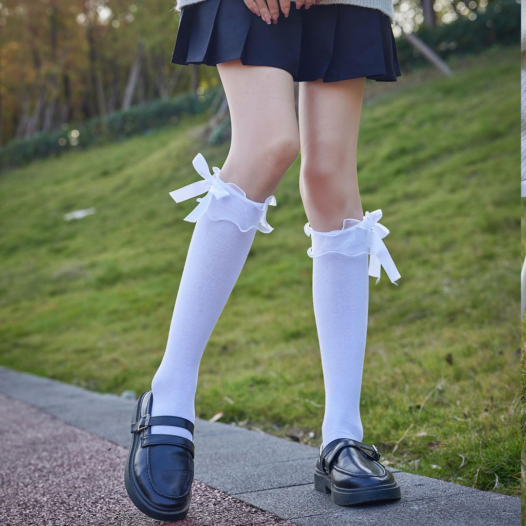 AMHRLINGTO Women's Lace Ruffle Frilly Ankle Socks - Girl Cotton Knee High Socks with Bow Lace Ruffle Trim (Cotton, White-1 Pairs)