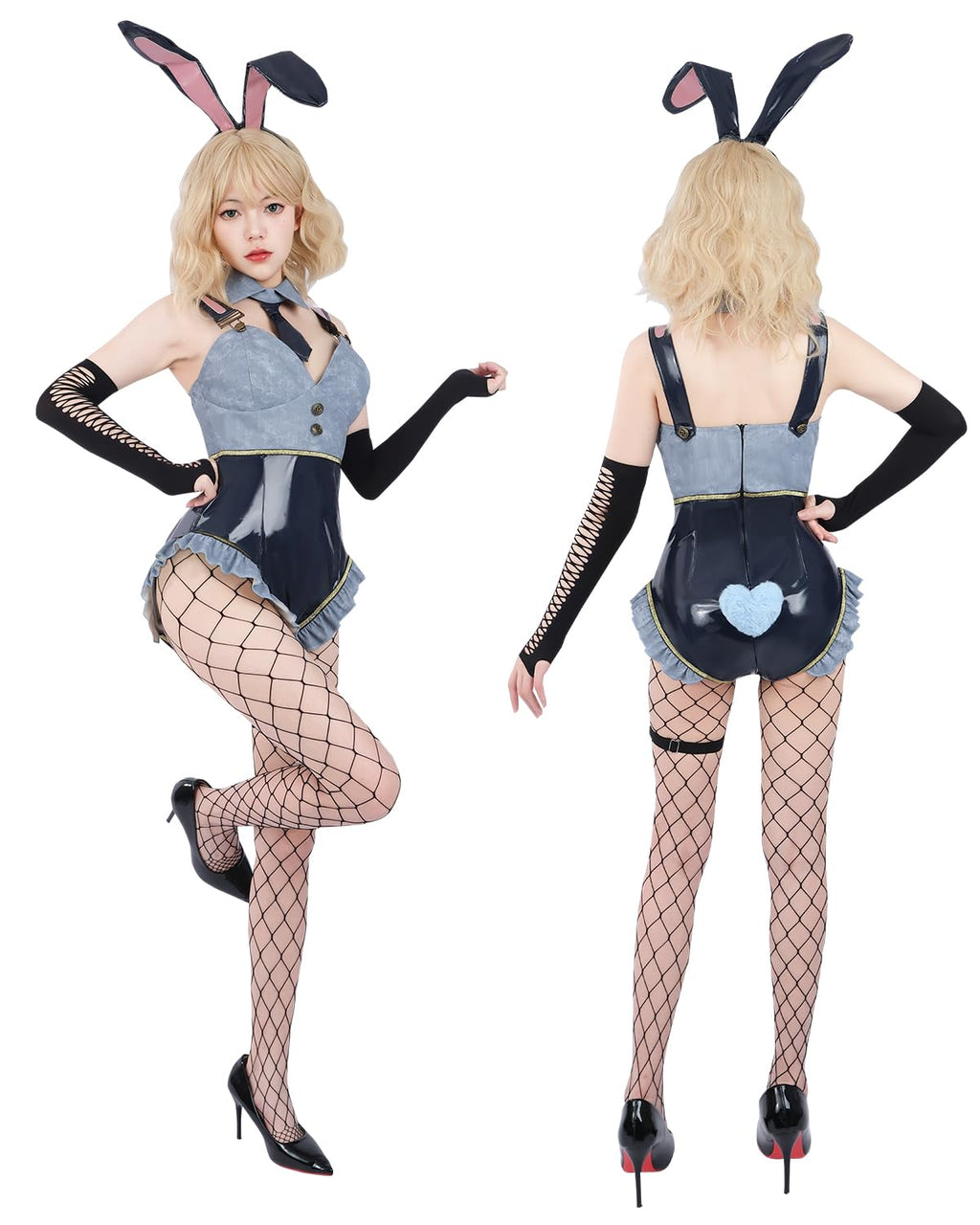 CR ROLECOS Bunny Costume Adults Women Bunny Suit Girl Costume with Ruffle One Piece Bodysuit Stockings Set M