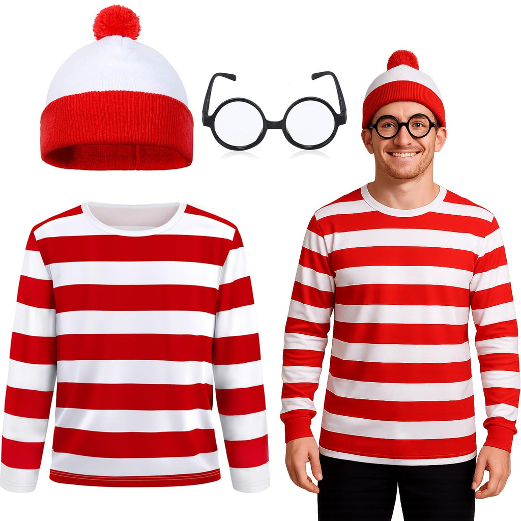 3 Pieces Red and White Striped Shirt and Hat for Men,Adult Halloween Costumes Cosplay Suits with Glasses Outfit Suit Set (M)