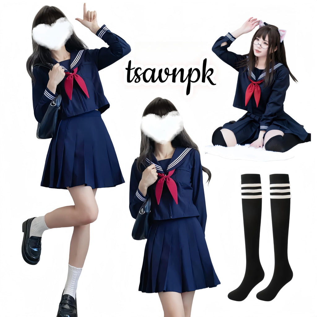 tsavnpk Japanese-style Sailor Uniform sailor suit Classic Japanese School Girls Sailor Dress Shirts Uniform Anime Cosplay Costumes with Socks set navy blue cosplay photography school uniform
