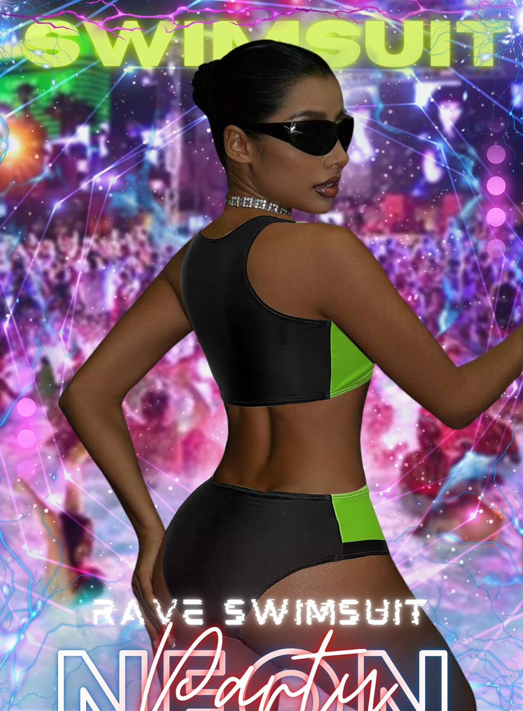 EVELUST Womens Colorblock Shego Costume - Rave Outfit Swimsuits High Neck Crop Top High Waisted Bottom Cosplay Bikini Set(BlackGreen,M,10851e)