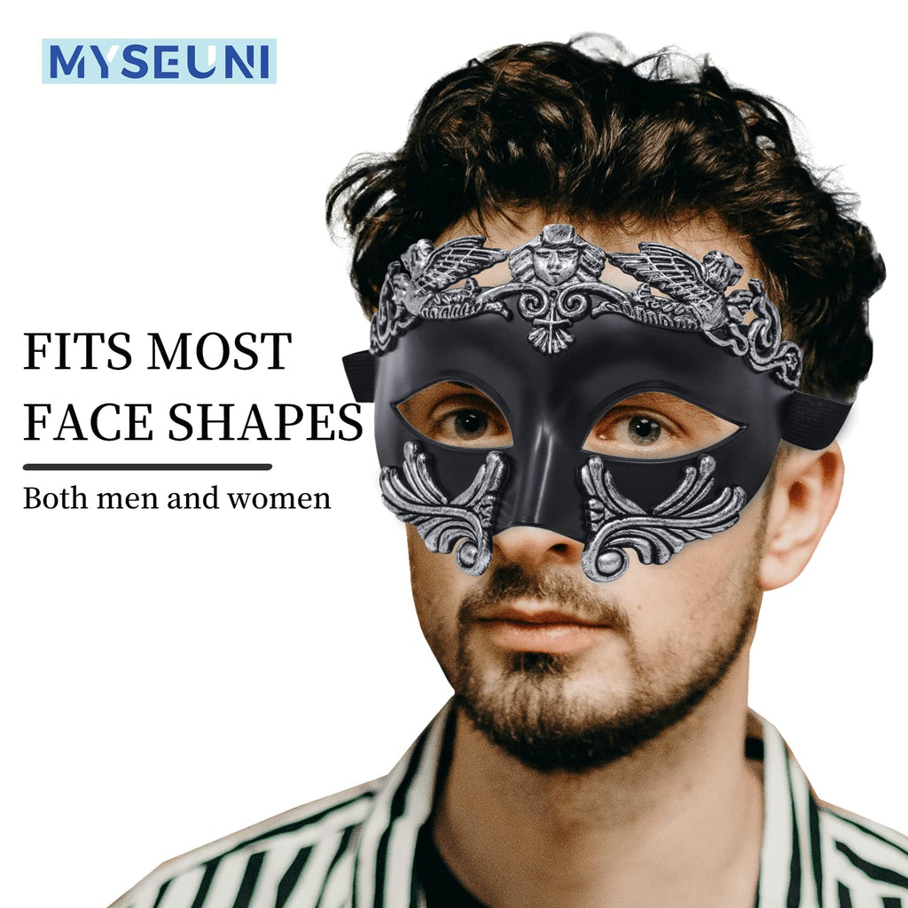 MYSEUNI Silver Masquerade Mask for Men - Greek Roman Venetian Half Face Mask for Mardi Gras Costumes Prom Halloween Masked Ball Cosplay Party