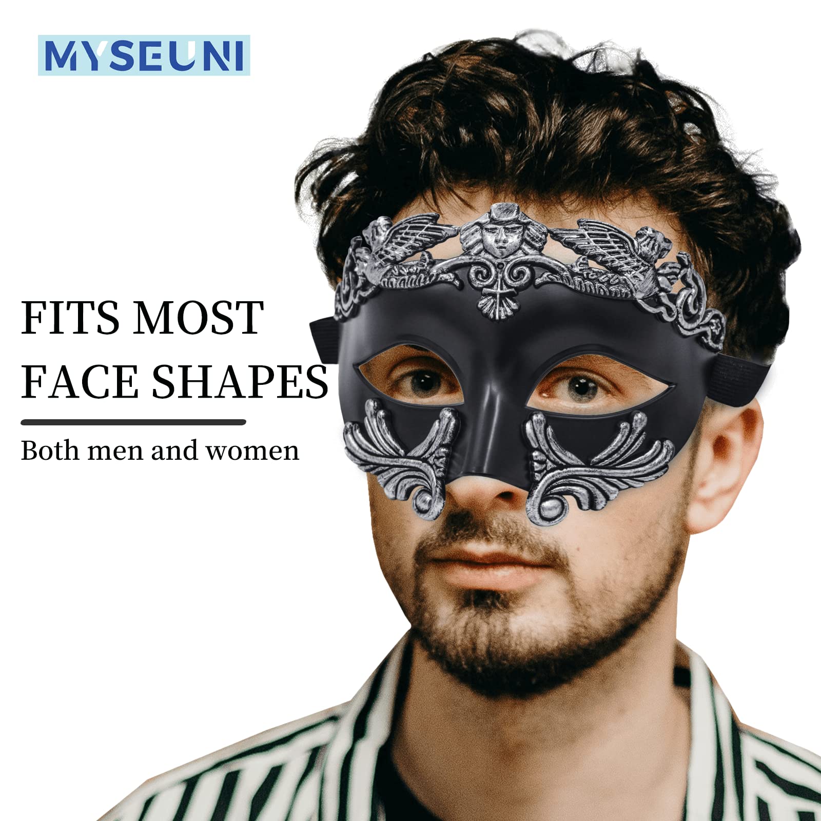 MYSEUNI Silver Masquerade Mask for Men - Greek Roman Venetian Half Face Mask for Mardi Gras Costumes Prom Halloween Masked Ball Cosplay Party