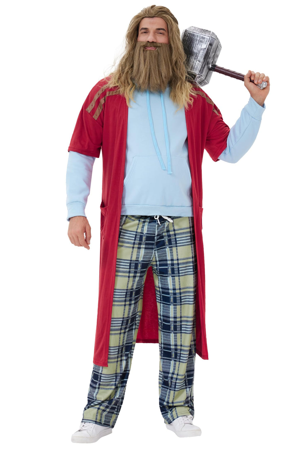 Arvilhill 4 Pcs Fat Thor Beer Belly Costume Set for Adult Men Hoodie Overalls Full Outfit with Sweatshirt Pant Robe Gloves Halloween Funny Comedy Movie Night Theme Party S