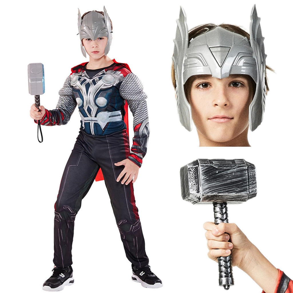 EJWCIG Kids Super Hero Costume Muscle Suit with Helmet Red Cape Jumpsuit Hammer Outfit 4 PCS Sets Suit Halloween Party Cosplay Props (S(43-47inch)