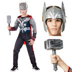 EJWCIG Kids Super Hero Costume Muscle Suit with Helmet Red Cape Jumpsuit Hammer Outfit 4 PCS Sets Suit Halloween Party Cosplay Props (S(43-47inch)