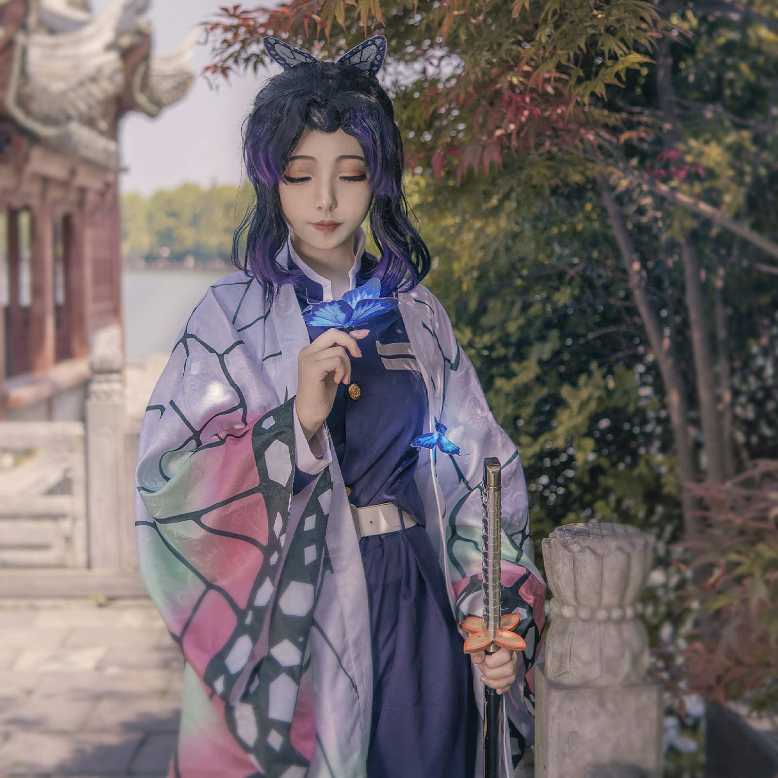 VZQI Halloween Cosplay Kids Costumes Kochou Shinobu Girls Anime Kimono Halloween Blue Cloak M