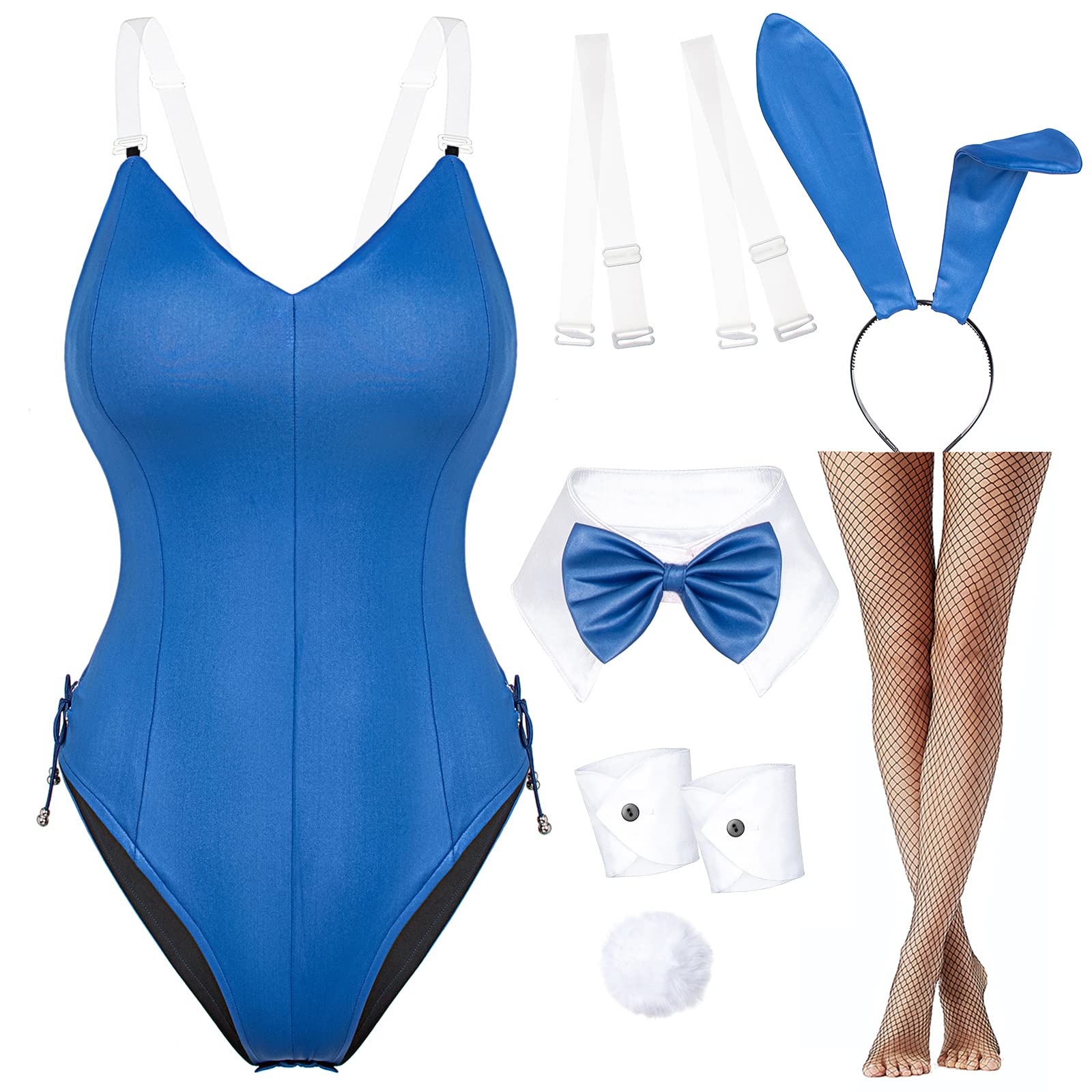 Womens Bunny Costume Girl Bodysuit Anime Role Costume senpai Cosplay Bodysuit One Piece stockings set（Blue M