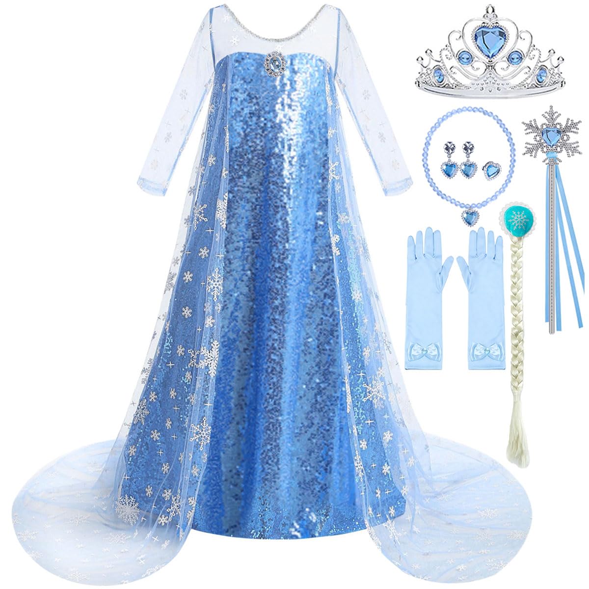 Luzlen Snow Princess Dress for Girls Toddler Queen Costume Halloween Christmas Cosplay Birthday Party Outfits Kids Blue, 3-4T(Tag 110)
