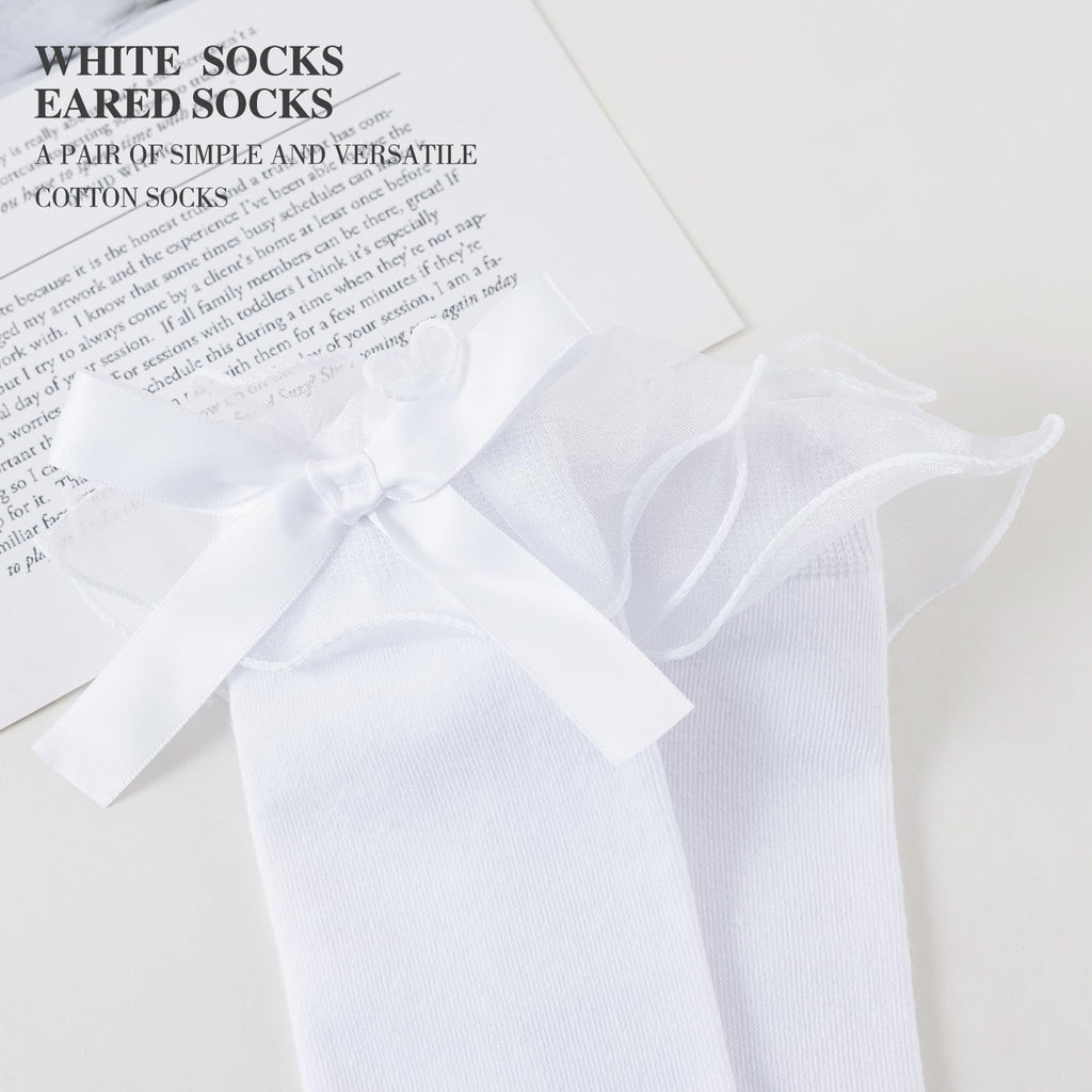 AMHRLINGTO Women's Lace Ruffle Frilly Ankle Socks - Girl Cotton Knee High Socks with Bow Lace Ruffle Trim (Cotton, White-1 Pairs)
