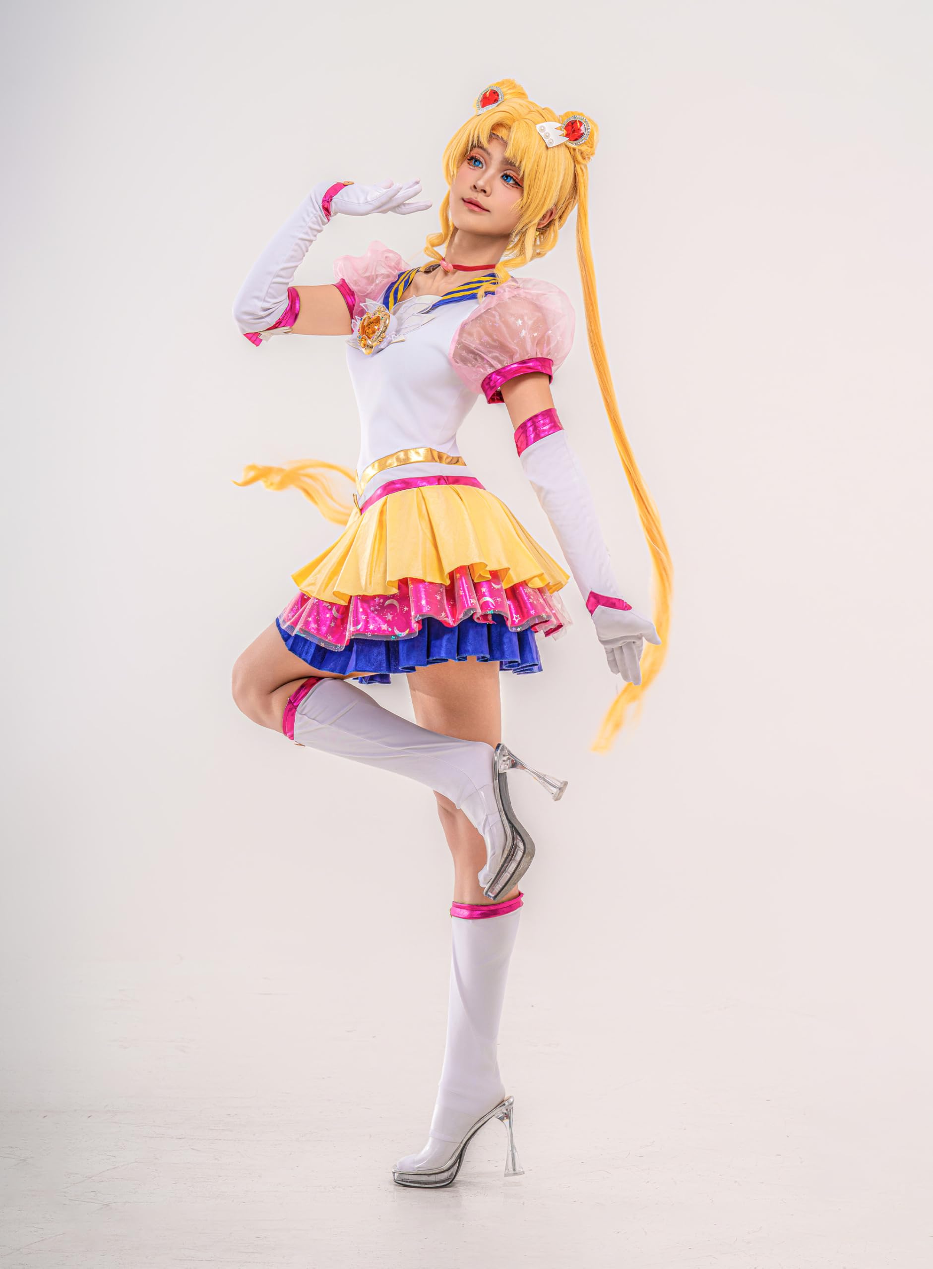 OSIAS Women Anime Tsukino Usagi Cosplay Costume with Light Up Chest Ornament and Starry Layered Skirt (L)