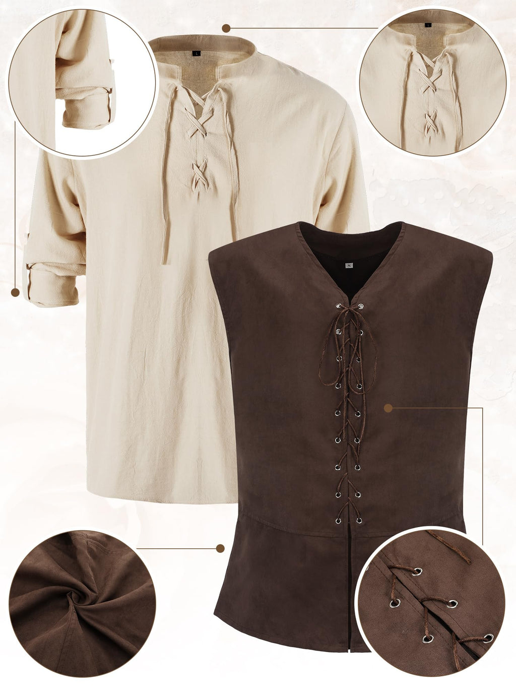 Suhine 6 Pcs Men's Halloween Renaissance Costume Set Medieval Vest Shirt Ankle Banded Pants Viking Belt Armband Pouch(Classic Color,X-Large)