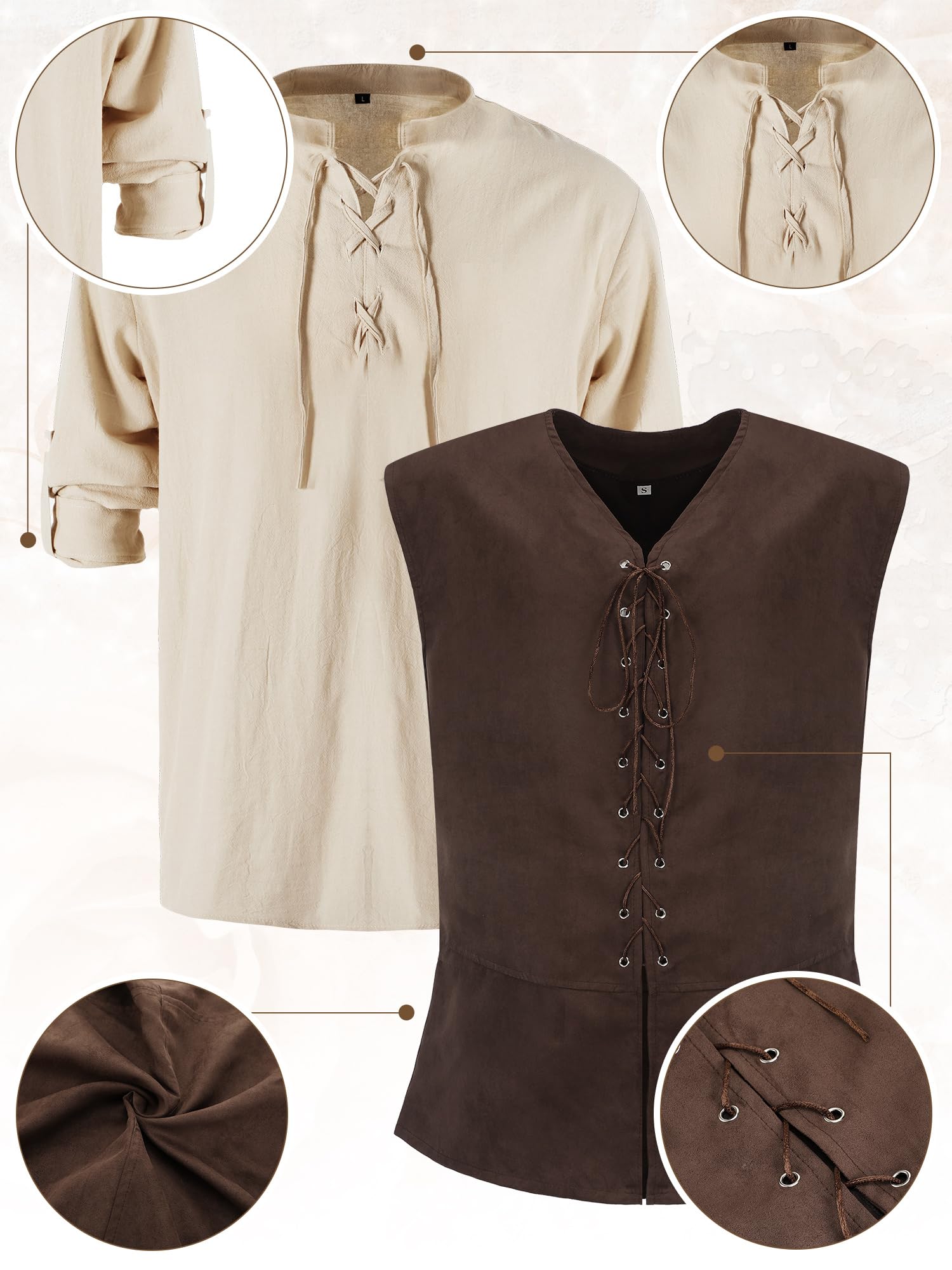 Suhine 6 Pcs Men's Halloween Renaissance Costume Set Medieval Vest Shirt Ankle Banded Pants Viking Belt Armband Pouch(Classic Color,X-Large)