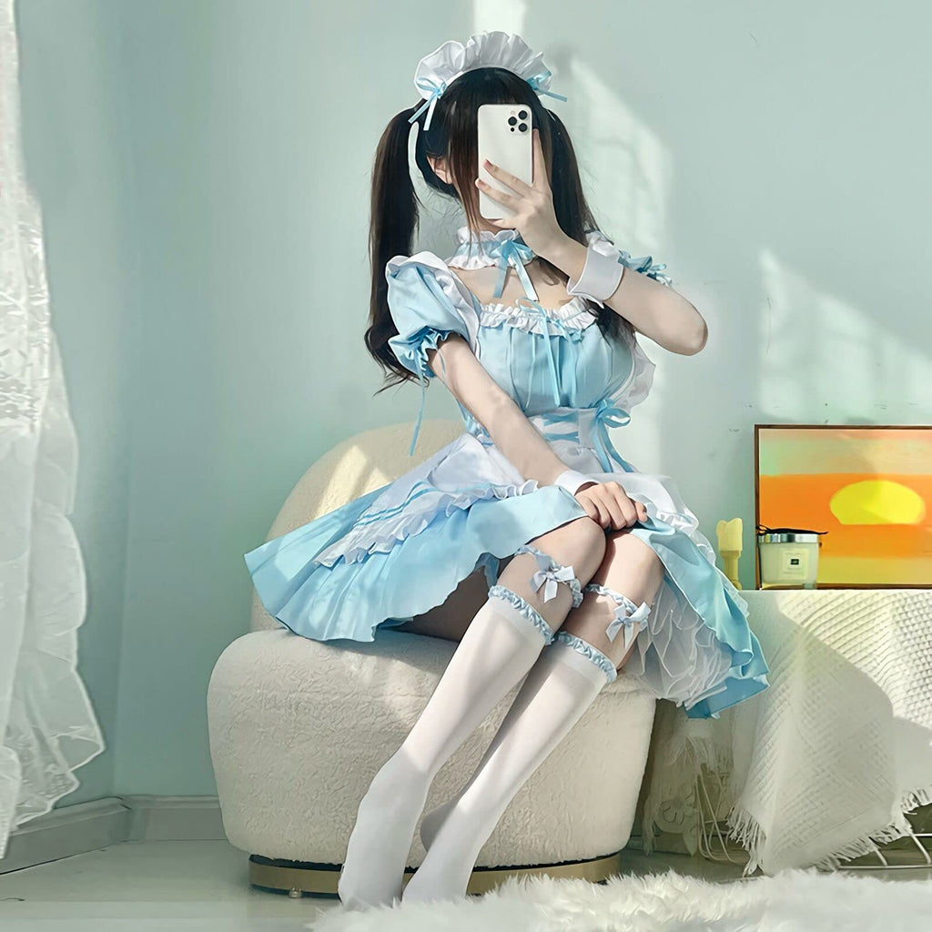 LISANEK Maid Outfit Anime Cosplay Lolita Dress French Maid Costume Plush cat ear Socks set (Blue, XL)