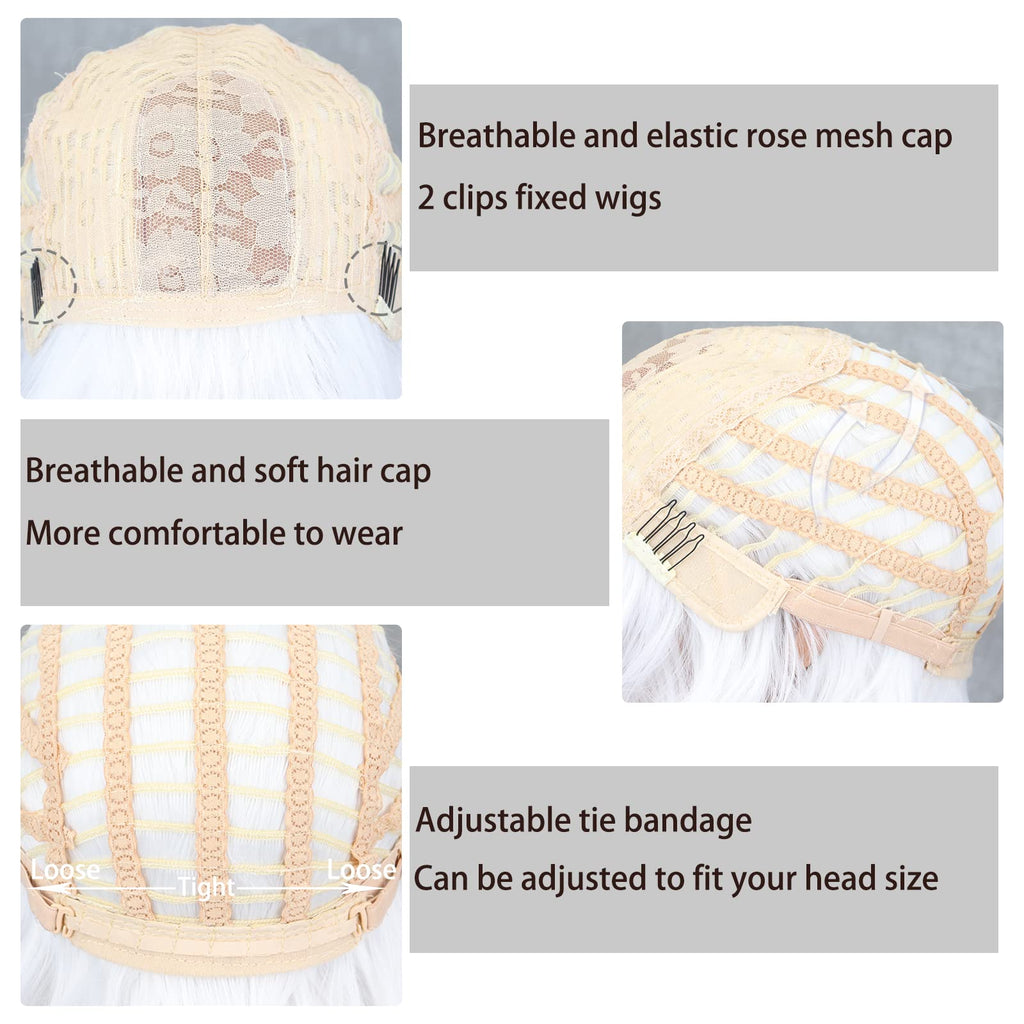 MISSQUEEN Short White Wig with Bangs,Wavy White Bob Wigs for Women Synthetic Wavy Bob Shoulder Length Wigs Natural Looking Heat Resistant Fiber hair Wig for Daily Party Cosplay Use