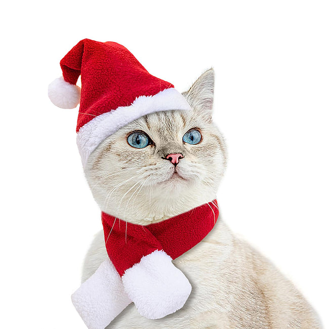 Enjoying Cat Christmas Costume, Santa Hat with Red Scarf for Cats Small Dogs, Rabbit Xmas Outfit, Pet Santa Claus Hat Scarf for Cold Day Head and Neck Warm, New Year Party Cosplay Hover Image