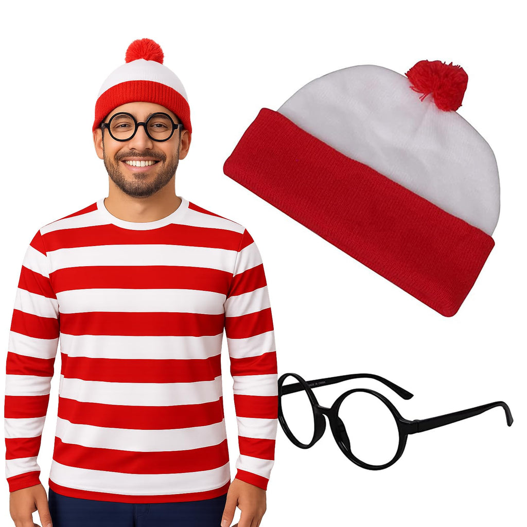 3 Pieces Red and White Striped Shirt and Hat for Men,Adult Halloween Costumes Cosplay Suits with Glasses Outfit Suit Set (M)