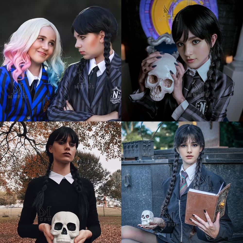 MUPUL Black Braided Wig With Bangs Long Braid Wig Cosplay Halloween Costume Wigs For Women