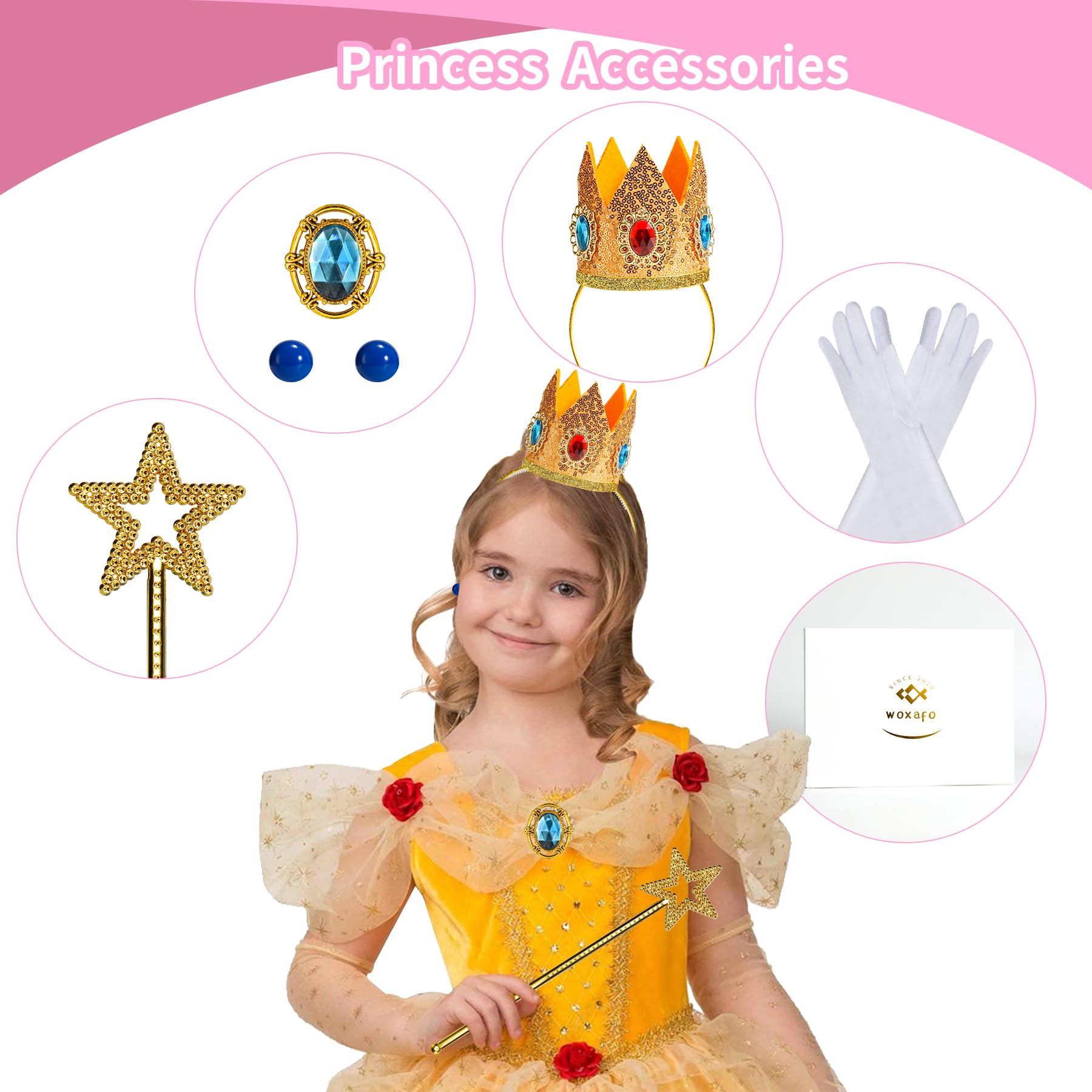 woxafo 5PCS Princess Crown Accessories, Princess Tiara Headband/Wand/Gloves/Brooch/Earrings for Girls Women Halloween Cosplay Party Dress Up