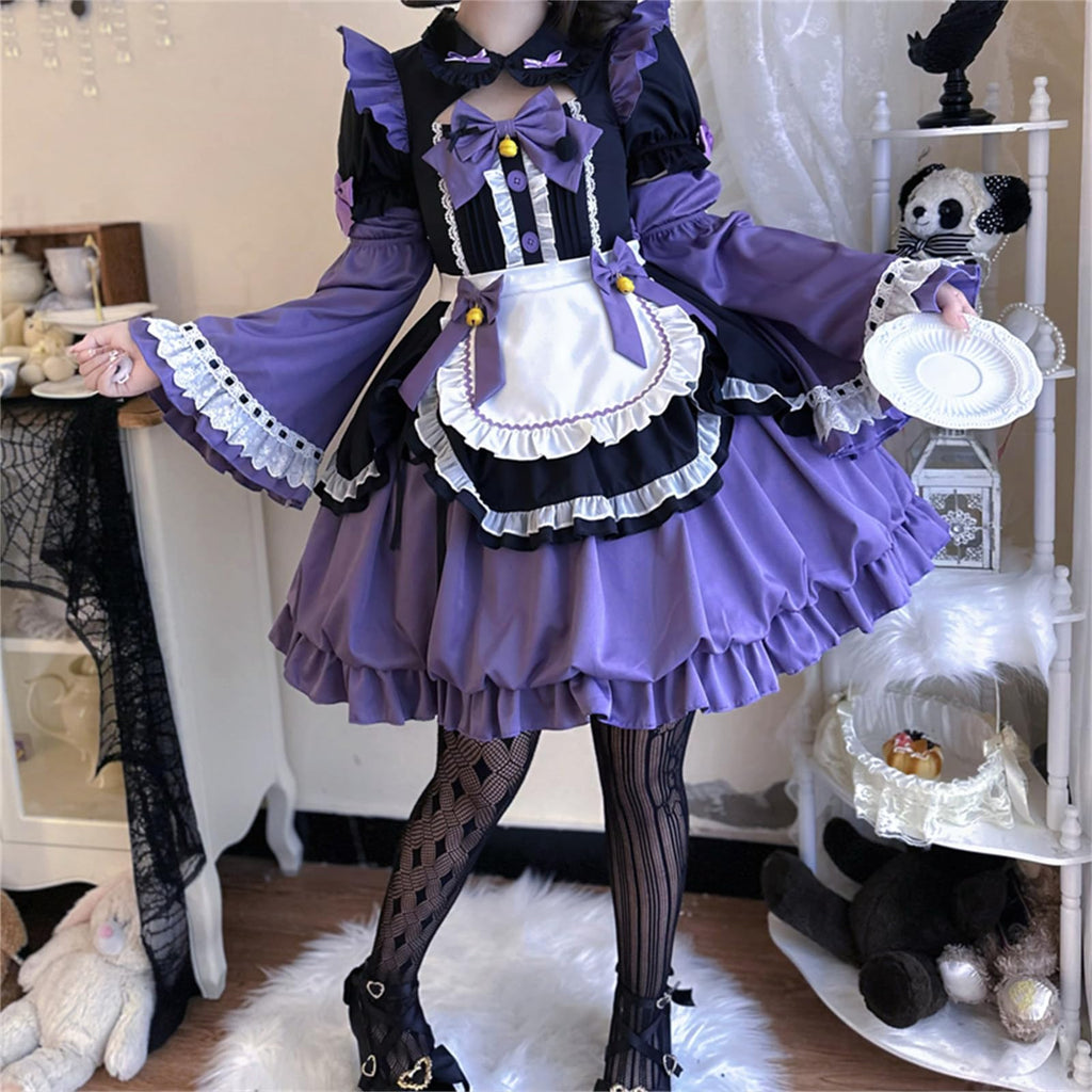 Cuteighteen Women Lolita Princess Dress Kawaii Bow Decor Apron Maid Outfit Fancy Anime Party Cosplay Costume (Black Purple, Medium)