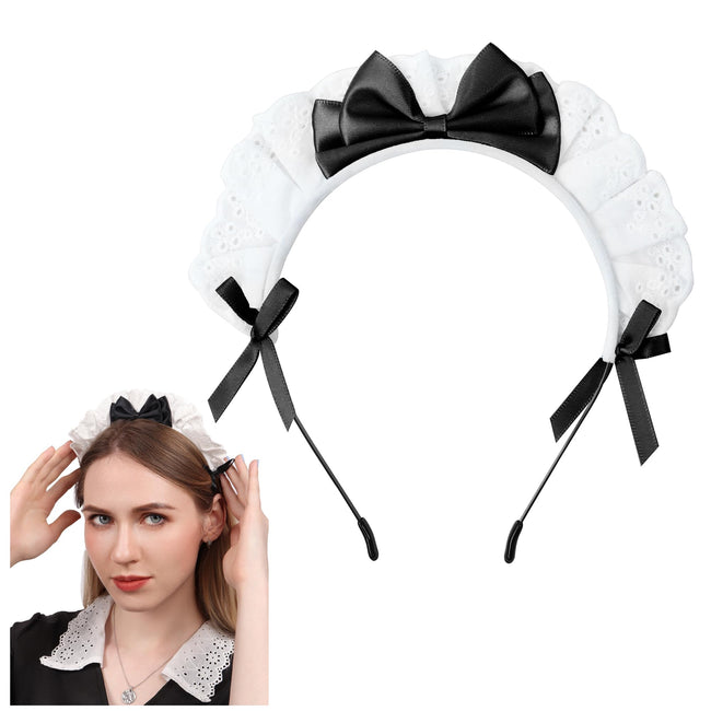 C-ZOFEK Women's French Maid Headband Ribbon Lace Kawaii Headwear Headpiece for Halloween Christmas Costume Hover Image