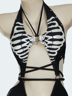 MEOWCOS Women One Piece Swimsuits with Skull Design Cut Out Gothic Swimsuit Bathing Suit Black