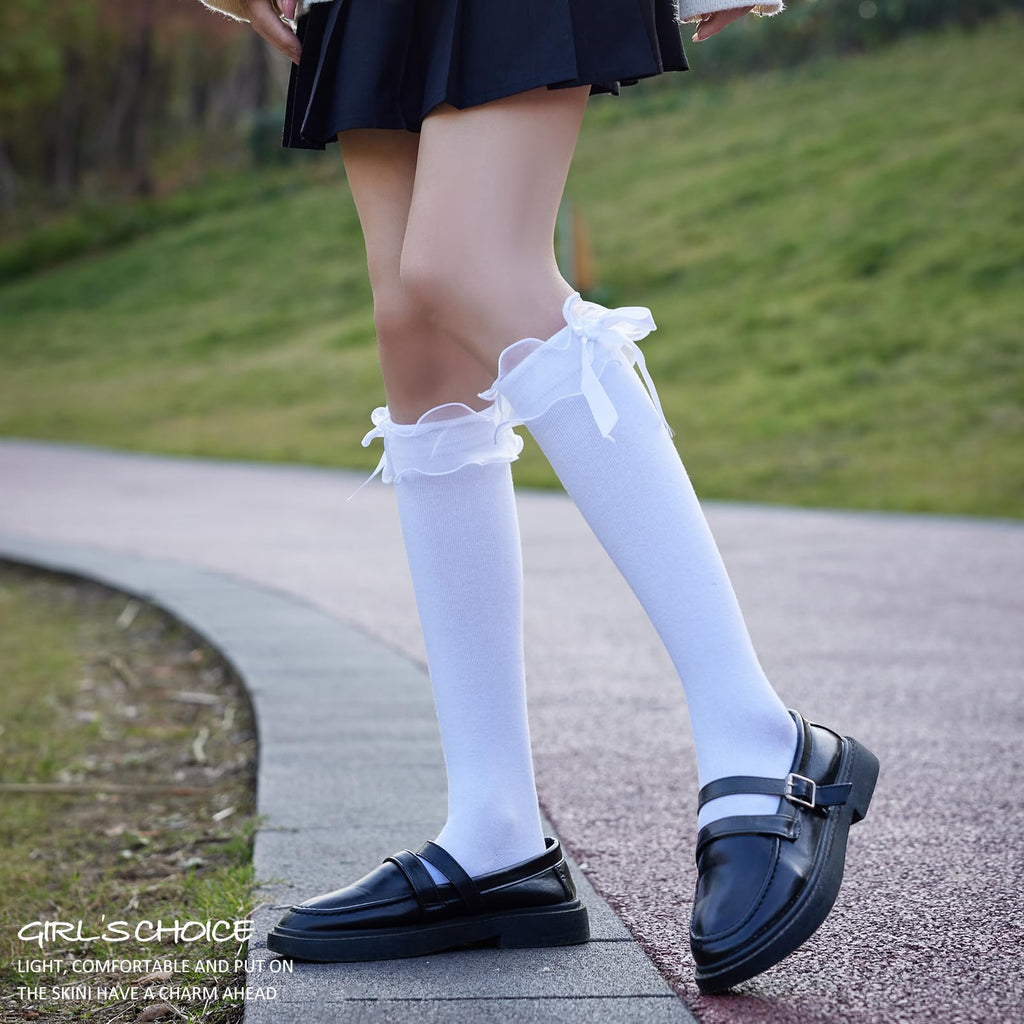 AMHRLINGTO Women's Lace Ruffle Frilly Ankle Socks - Girl Cotton Knee High Socks with Bow Lace Ruffle Trim (Cotton, White-1 Pairs)