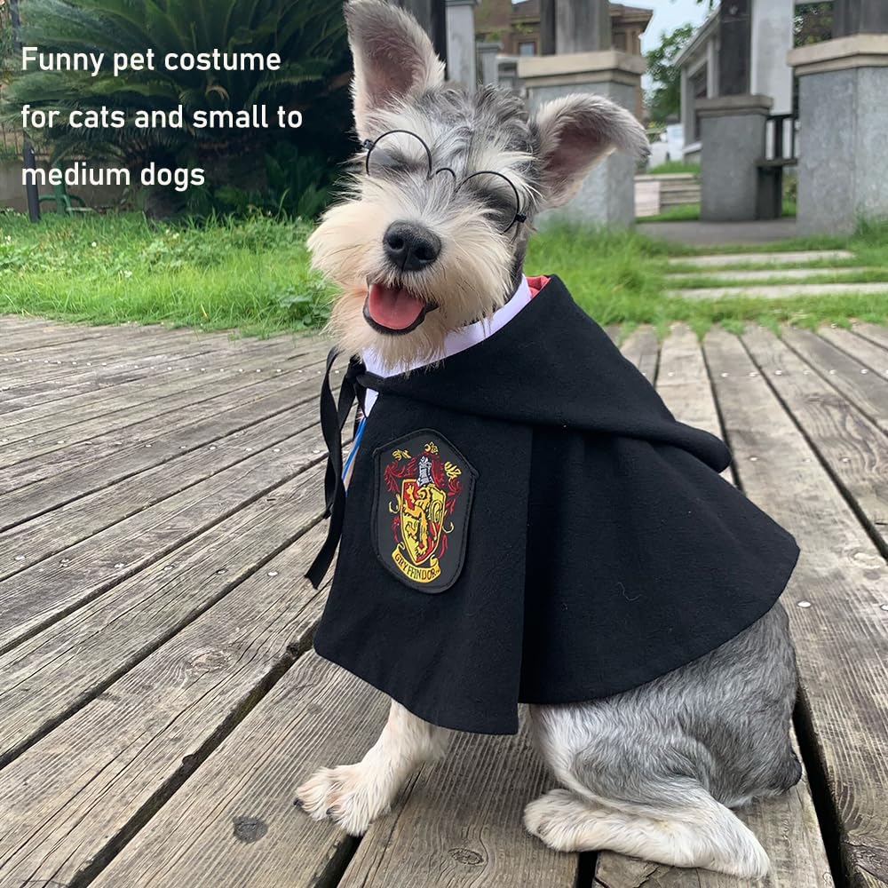 ANIAC 3PCS Halloween Dog Costume Cat Wizard Cape Glasses and Necktie Set Halloween Puppy Outfit Pet Academy Magician Cosplay Apparel for Kitten Cat Small Dogs (Black+Red, Small)