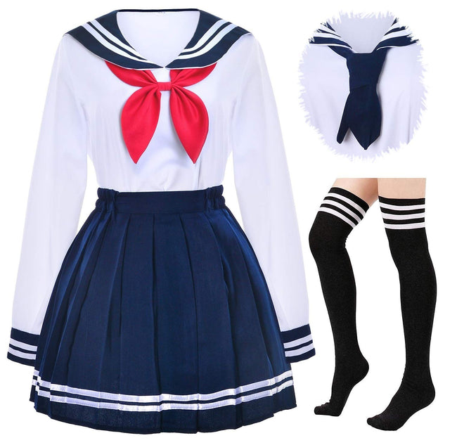 Japanese School Girls Uniform Sailor Navy Blue Pleated Skirt Anime Cosplay Costumes with Socks Set(SSF13) 2XL(Tag 3XL) Hover Image