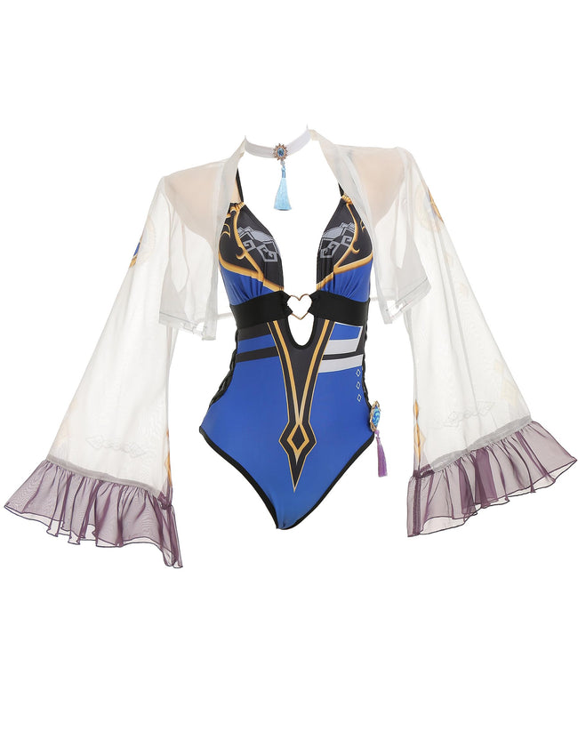 haikyuu Women Anime Cosplay One Piece Swimsuit with Kimono Cover Up Deep V Halter Tummy Control Bathing Suit Blue Hover Image