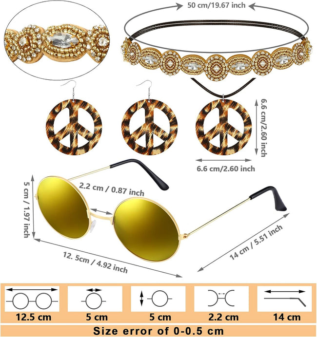 Frienda 6 Pcs 60s 70s Outfit for Women Hippie Halloween Costume Set Peace Sign Earring Headband Fringe Vest Tassel Cardigan Main Image