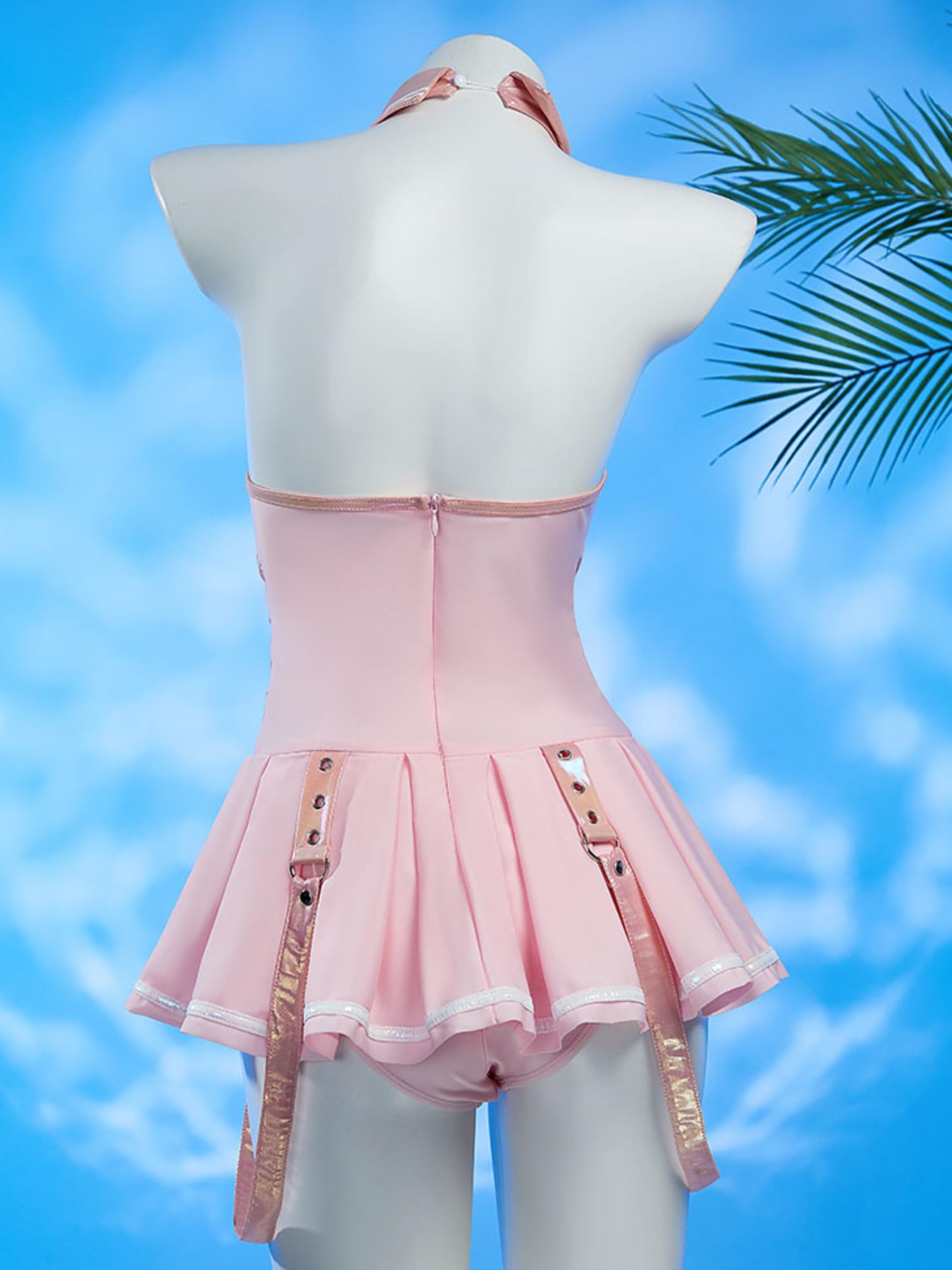 haikyuu Women Cosplay One Piece Swimsuit with Gloves Tie Anime Bathing Suit Halter Pool Party Musical Clubwear (US, Alpha, Large, Regular, Regular, Standard, Pink)