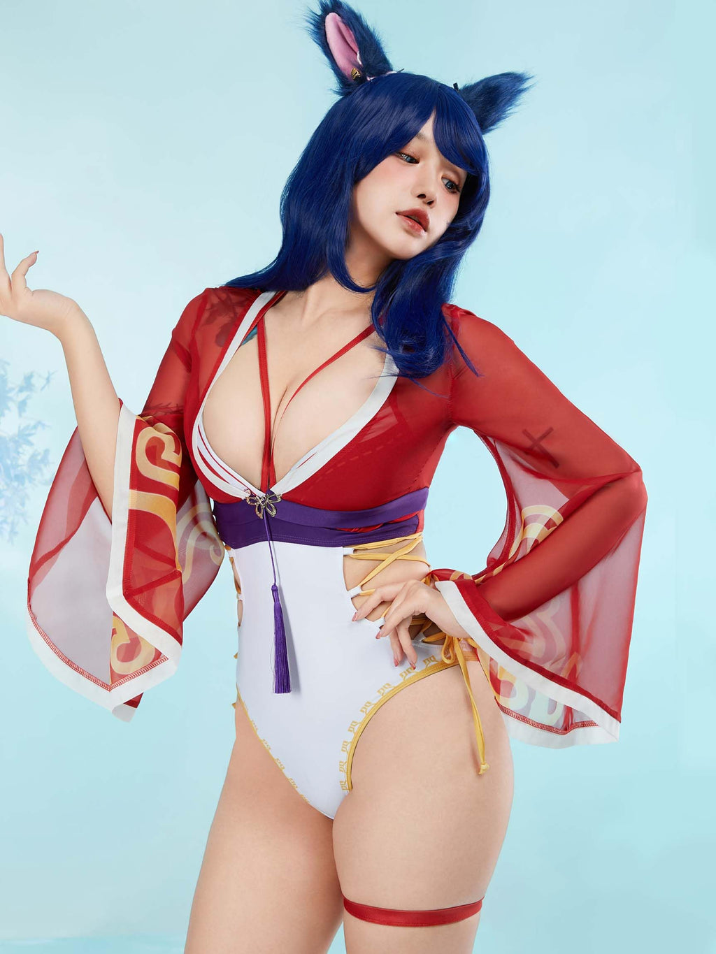 haikyuu Women Anime One Piece Swimsuit Cross Straps Cosplay Bathing Suit with Chiffon Cover-up and Ears (US, Alpha, Small, Regular, Regular, Standard, red)