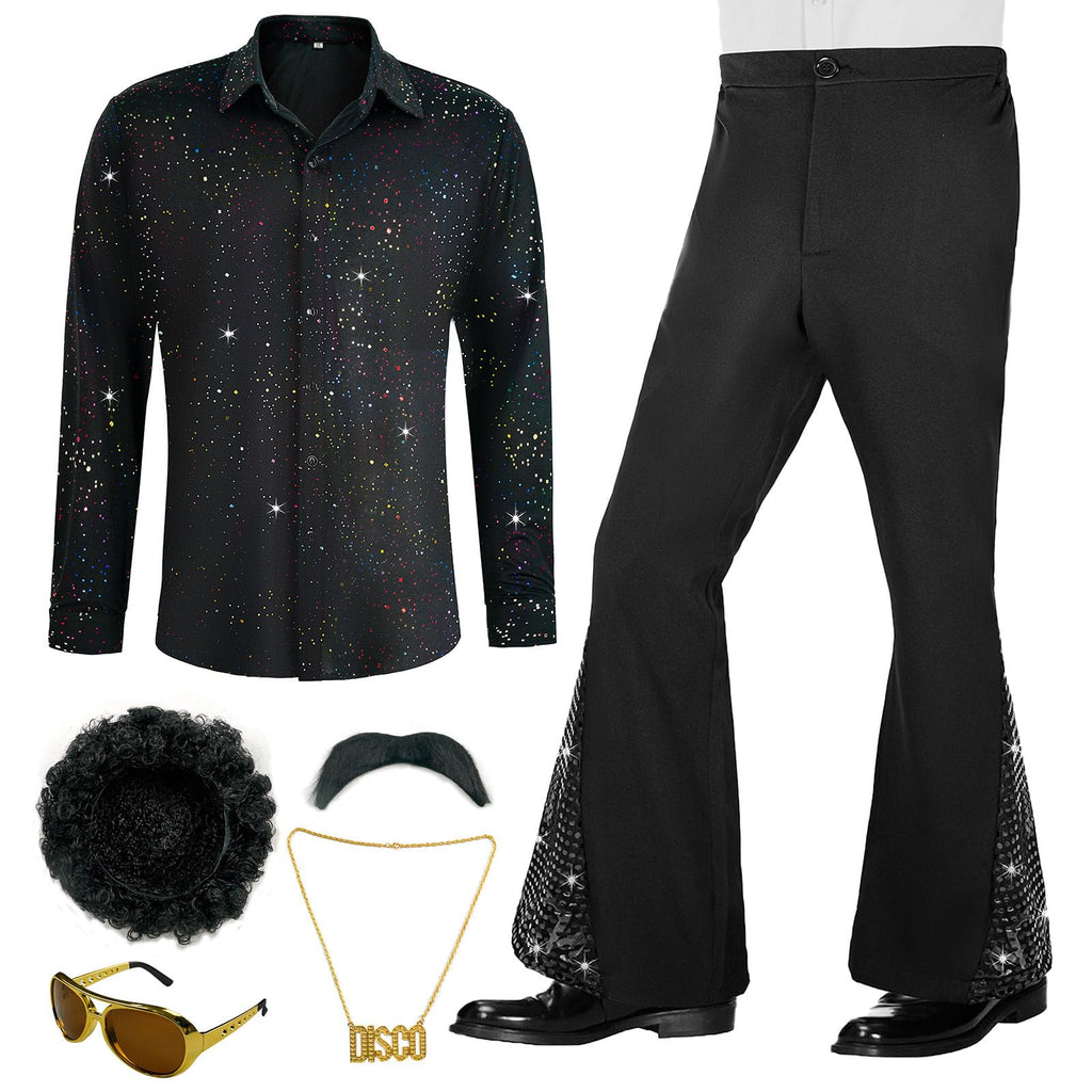 70s Outfits for Men 6 Pcs Disco Outfit Retro Costume with Bell Bottom Pants