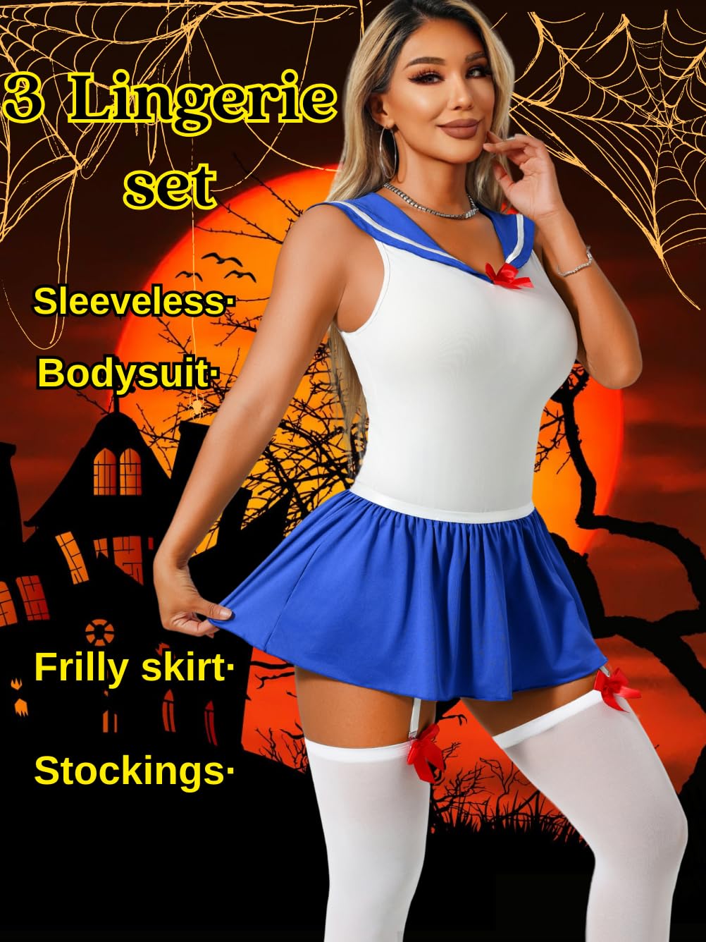 EHSUYAB 3Pcs Women Sailor Costume Halloween, Japanese School Girl Uniform Outfit, Snap Crotch Anime Cosplay Lingerie Set X-Large