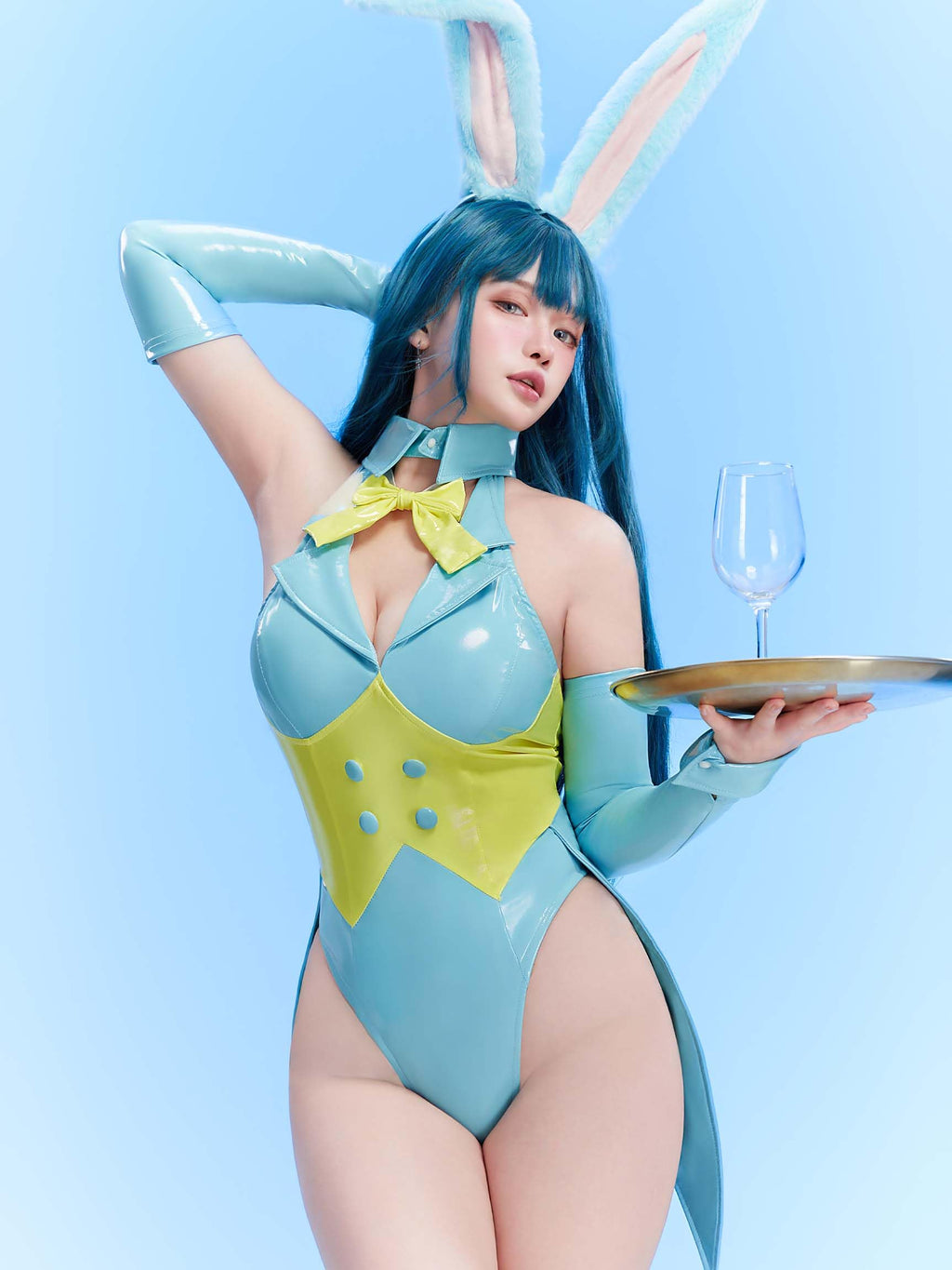 Mobbunny Women's Bunny Costume Easter Bunny Girl Bodysuit Rabbit One-Piece Jumpsuit Lingerie Set with Headband (Blue, small)