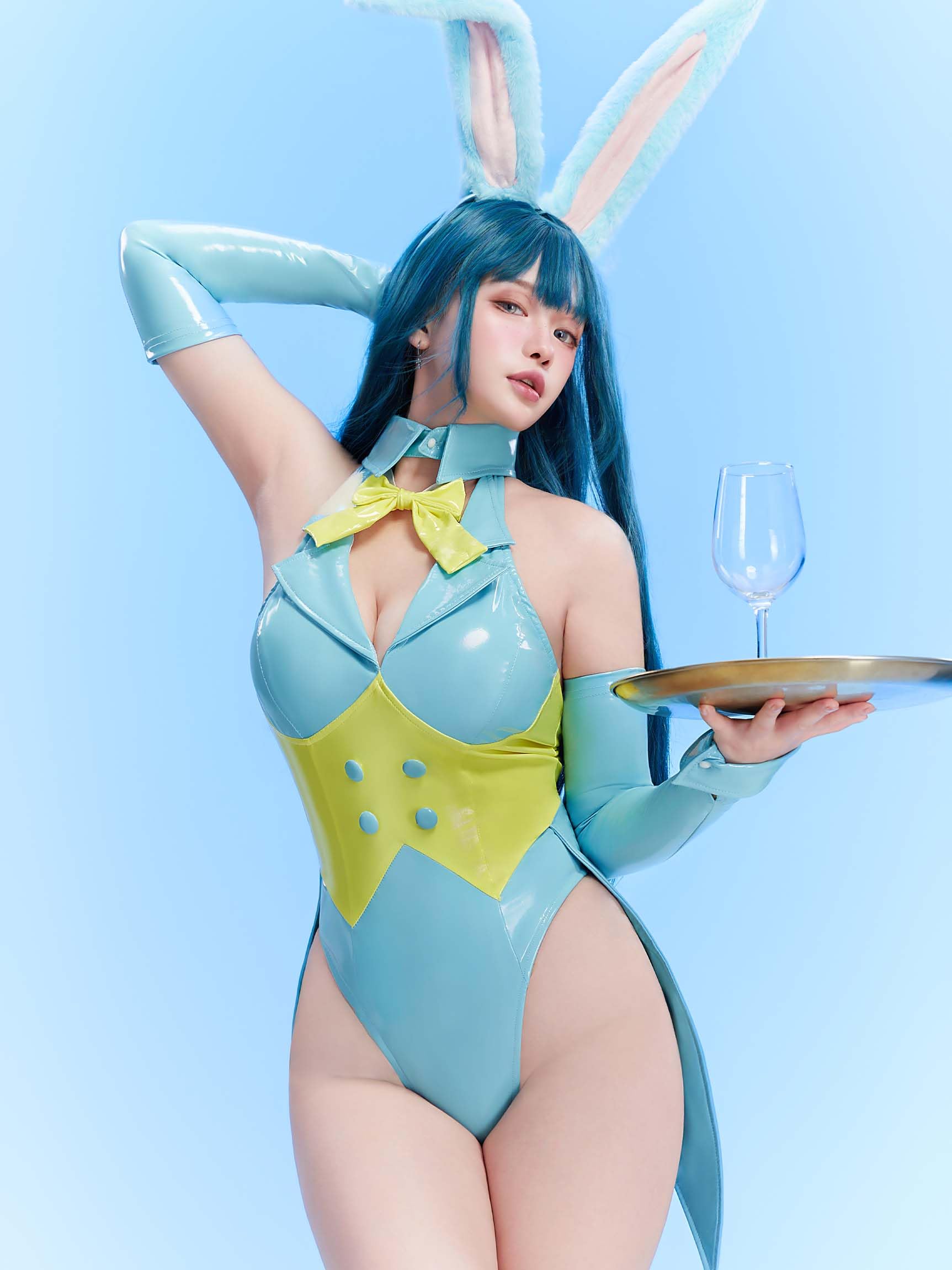 Mobbunny Women's Bunny Costume Easter Bunny Girl Bodysuit Rabbit One-Piece Jumpsuit Lingerie Set with Headband (Blue, small)