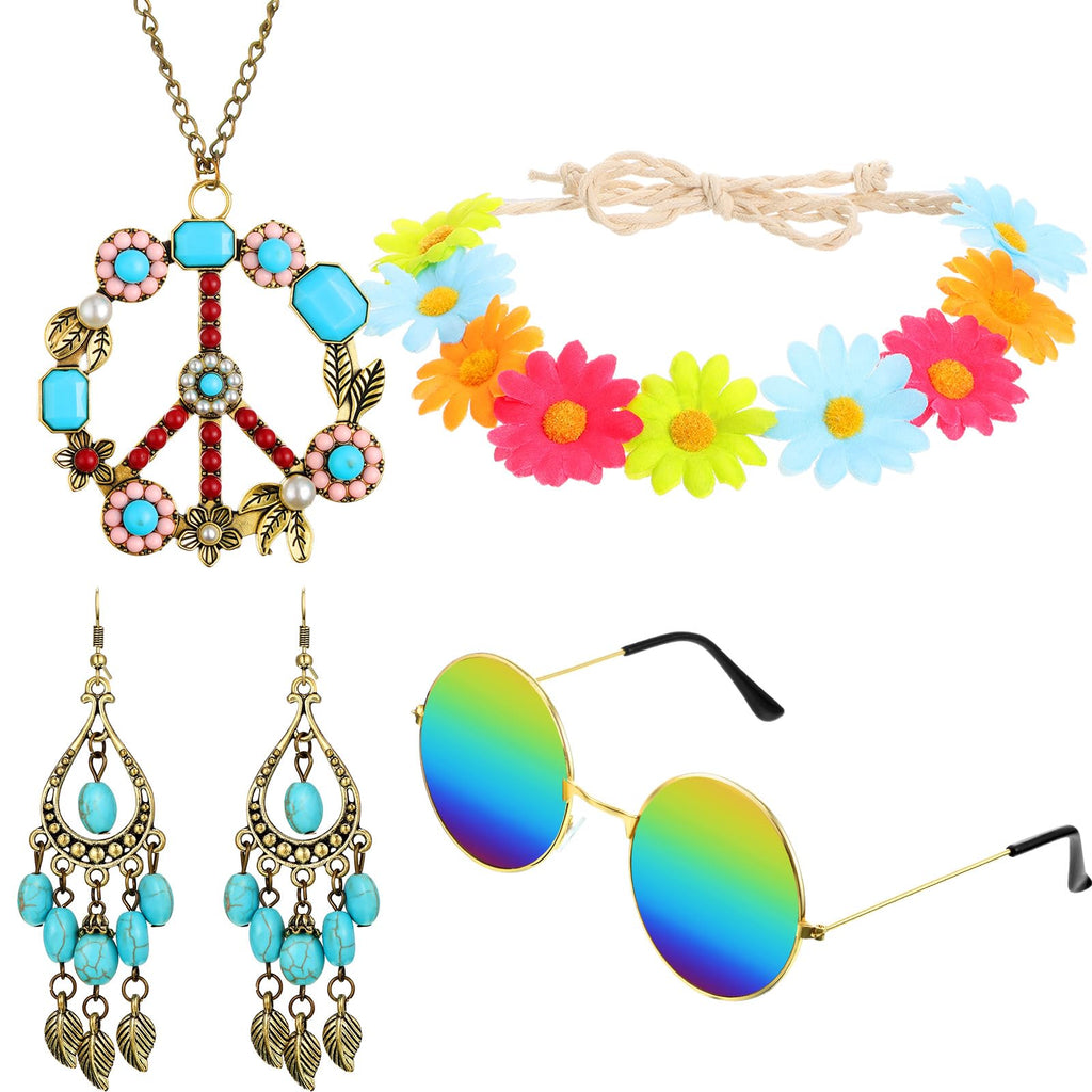 Hicarer Hippie Costume Accessories Include Sunglasses, Peace Sign Necklace, Boho Headband and Earring for 60s 70s Party