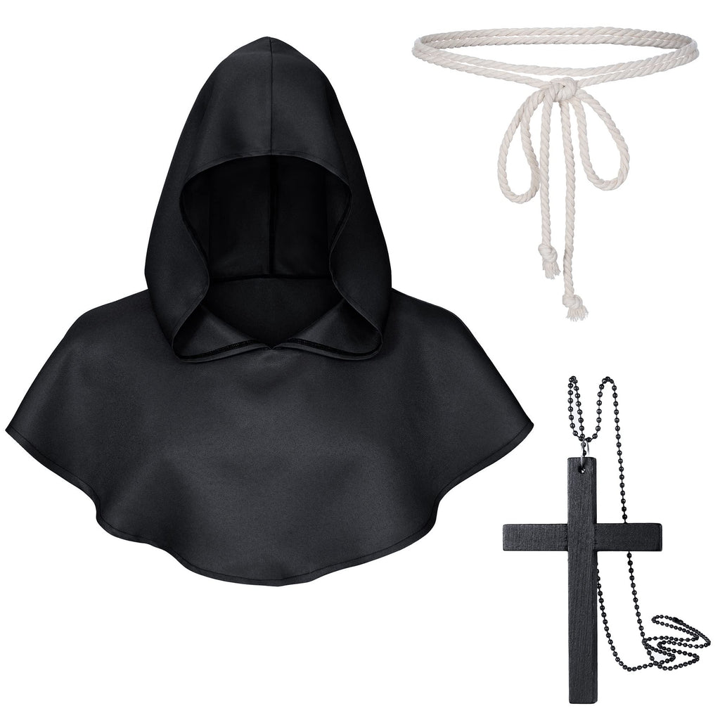 TOKYO REVENGERS Medieval Renaissance Monk Friar Priest Wizard Cloak Hooded Robe Cosplay Belt Necklace Set(Black L)