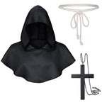 TOKYO REVENGERS Medieval Renaissance Monk Friar Priest Wizard Cloak Hooded Robe Cosplay Belt Necklace Set(Black L)