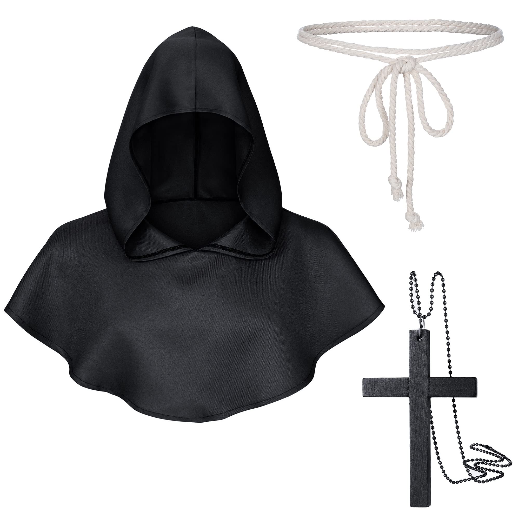 TOKYO REVENGERS Medieval Renaissance Monk Friar Priest Wizard Cloak Hooded Robe Cosplay Belt Necklace Set(Black L)