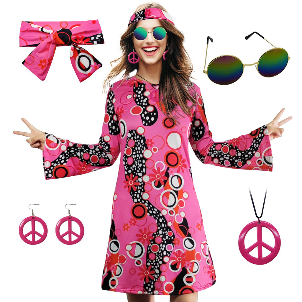 70s Hippie Dress Costumes Necklace Earrings Sunglass Women Disco Outfit, 60s Party Costume, Halloween Retro Dresses