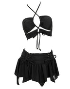MEOWCOS Gothic Bat Pink Bikini Set Swimsuit Heart Buckle Halter Lace-up Top and Triangle Panty Bathing Suit Swimwear