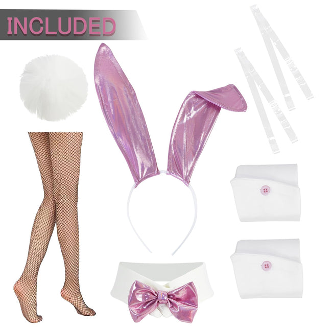 GUKULIVEL Womens Bunny Costume Girl Bodysuit Halloween Role Play Bunny Outfit with Ear Collar Bow Tie Cuffs Stockings Main Image