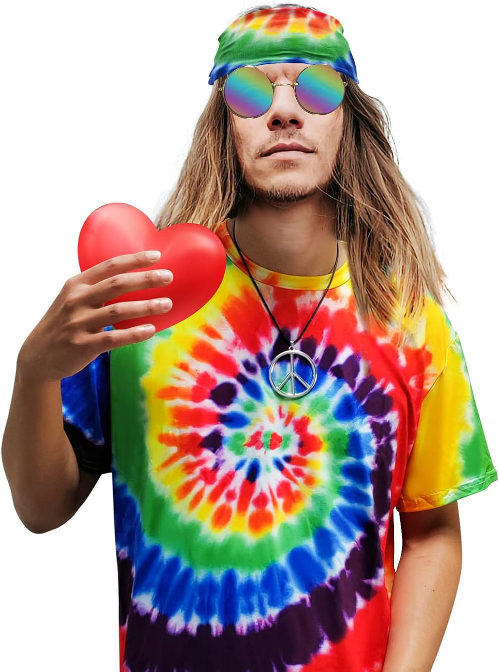 Hippie Costume for Men Women 60s and 70s colorful T-shirt sunglasses headband Peace necklace 4-piece theme party